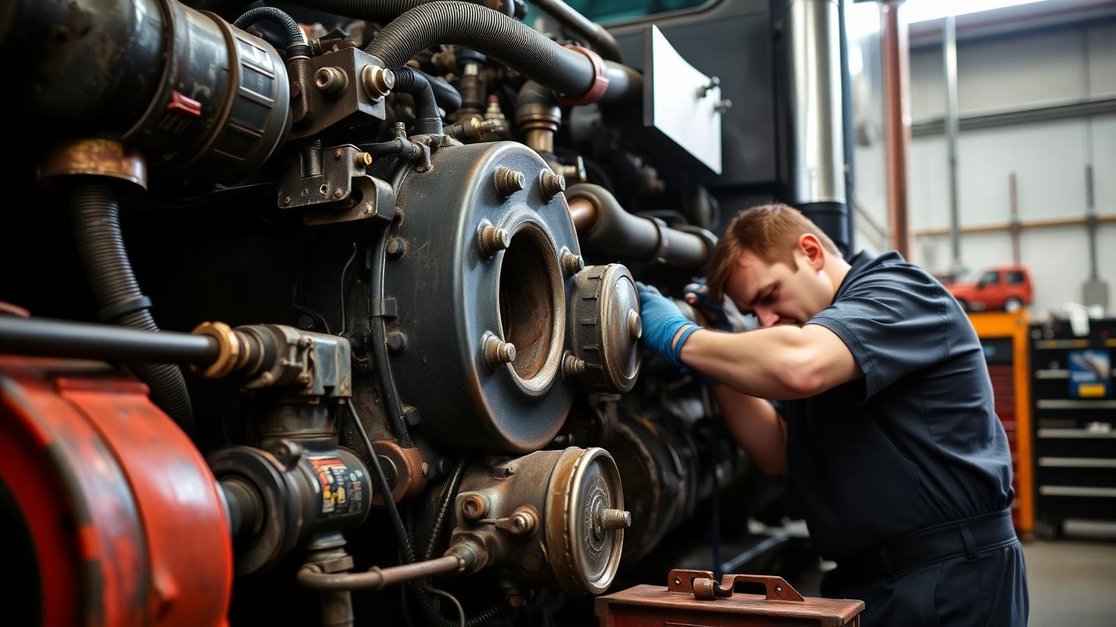Mechanic servicing a diesel truck engine