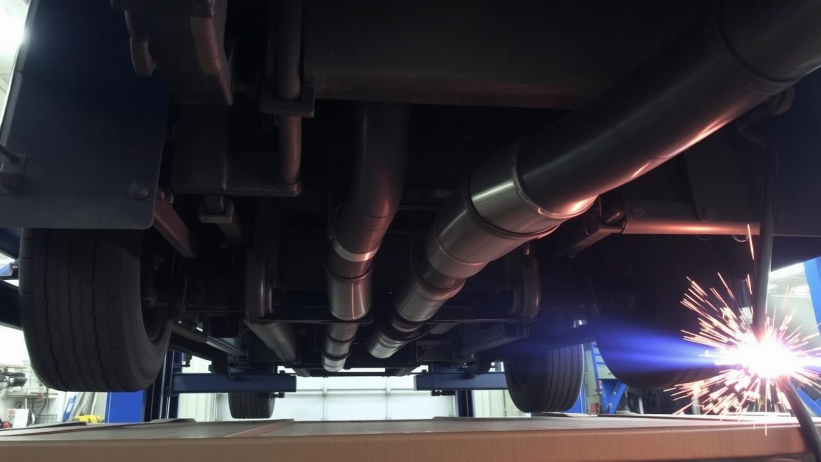 Exhaust and undercarriage repair on a lifted truck