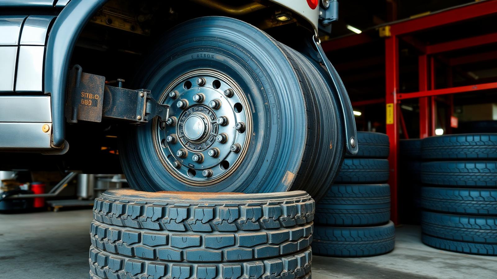 Commercial truck tire being serviced